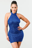 LUX SEQUINS HALTER OPEN BACK SLEEVELESS BODYCON MINI DRESS - Wear with style