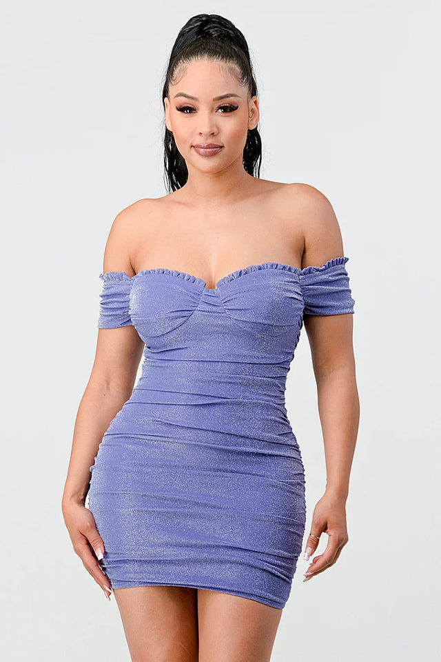 LUX SHINY METALIC GLITTER RUFFLED OFF SHOULDER BODYCON MINI DRESS - Wear with style