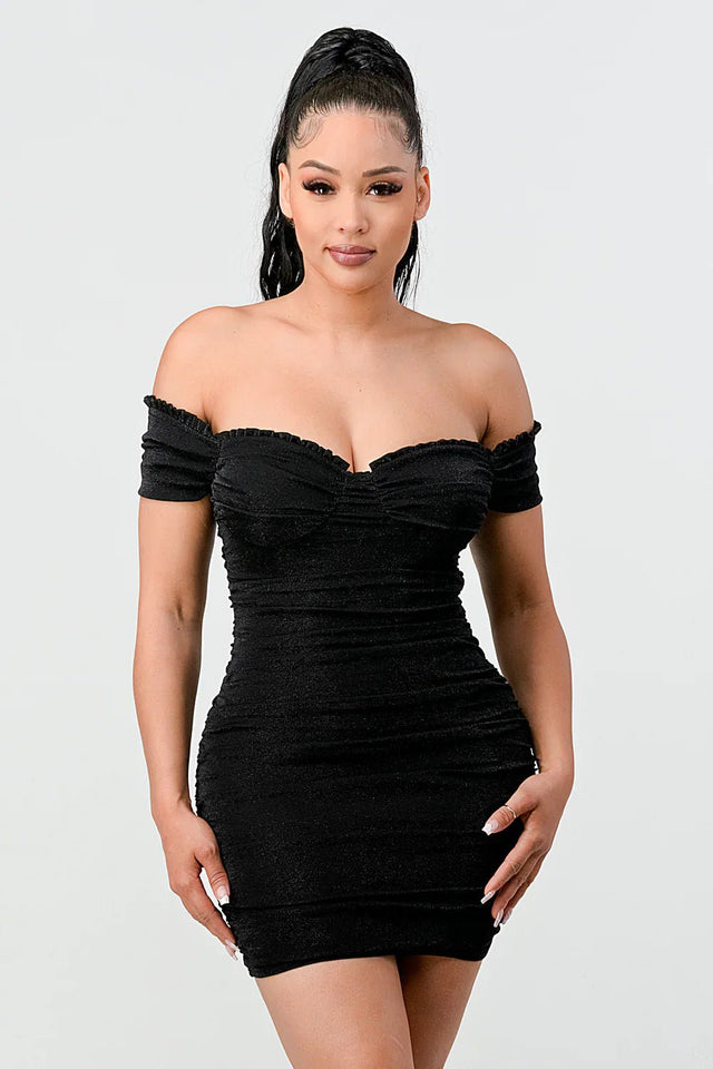 LUX SHINY METALIC GLITTER RUFFLED OFF SHOULDER BODYCON MINI DRESS - Wear with style