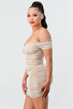 LUX SHINY METALIC GLITTER RUFFLED OFF SHOULDER BODYCON MINI DRESS - Wear with style
