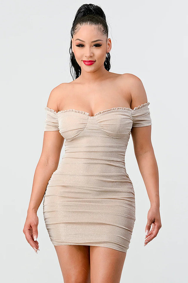 LUX SHINY METALIC GLITTER RUFFLED OFF SHOULDER BODYCON MINI DRESS - Wear with style