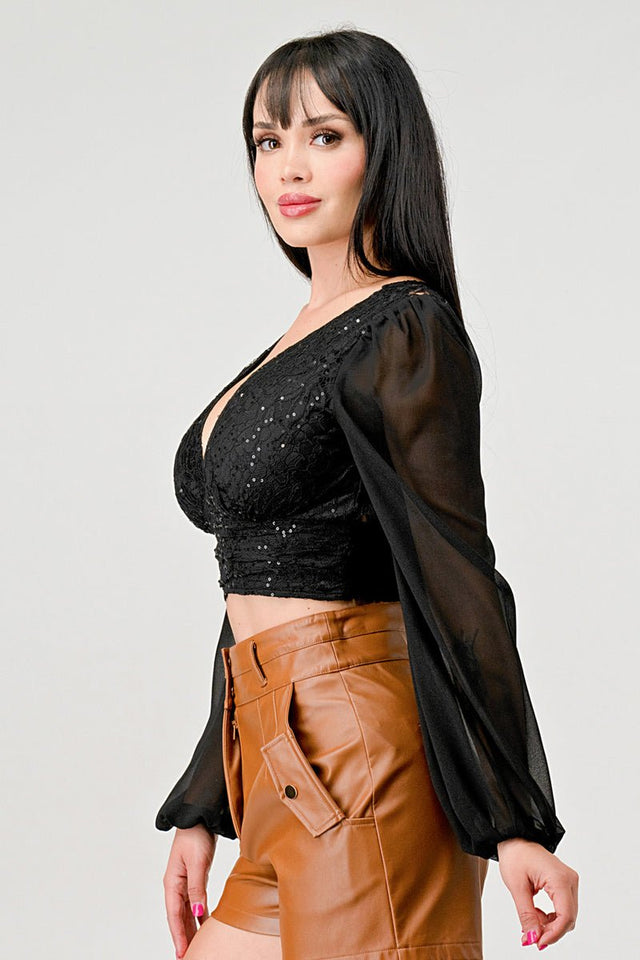 Luxe Lace Sequin Crop Top with Sheer Long Sleeves – Black or White - Wear with style