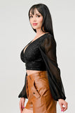 Luxe Lace Sequin Crop Top with Sheer Long Sleeves – Black or White - Wear with style