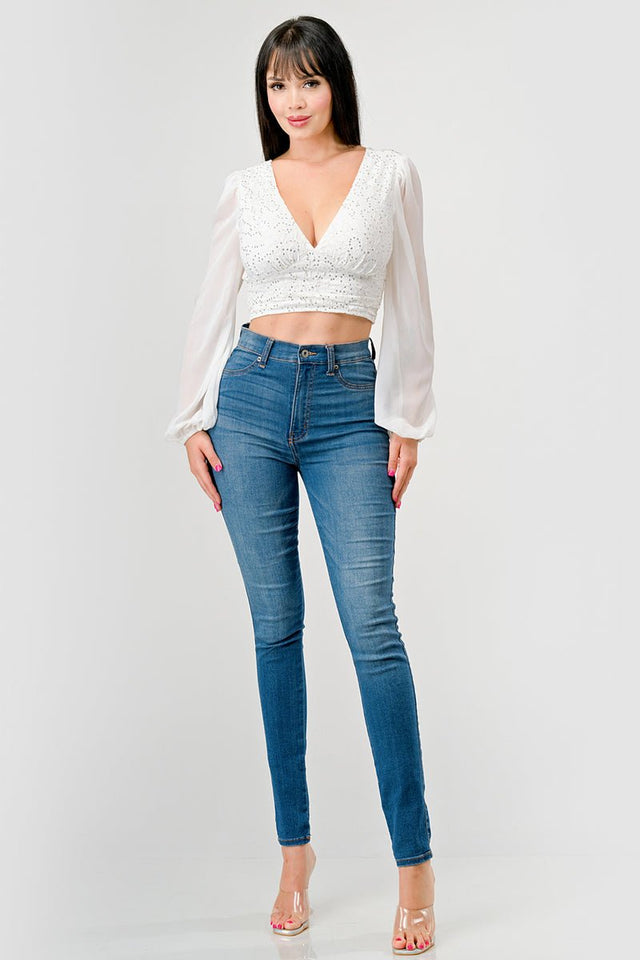Luxe Lace Sequin Crop Top with Sheer Long Sleeves – Black or White - Wear with style