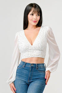 Luxe Lace Sequin Crop Top with Sheer Long Sleeves – Black or White - Wear with style