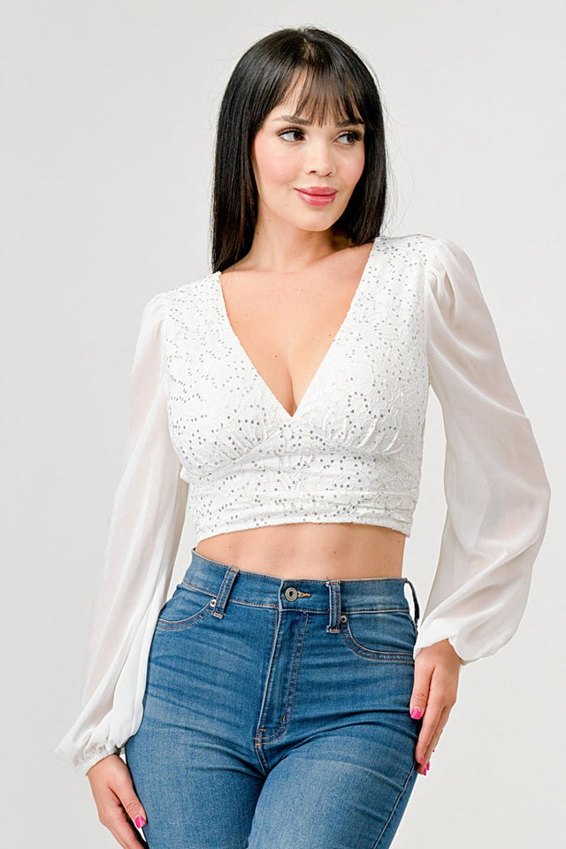 Luxe Lace Sequin Crop Top with Sheer Long Sleeves – Black or White - Wear with style