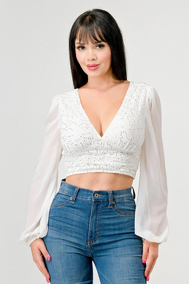 Luxe Lace Sequin Crop Top with Sheer Long Sleeves – Black or White - Wear with style