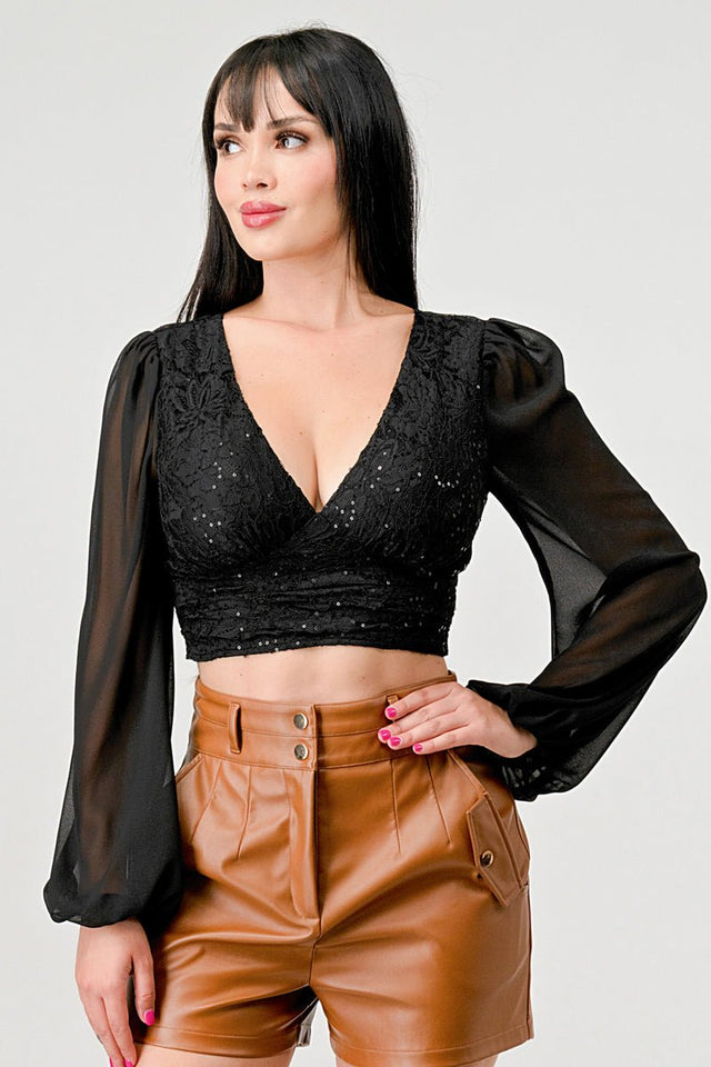 Luxe Lace Sequin Crop Top with Sheer Long Sleeves – Black or White - Wear with style