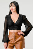 Luxe Lace Sequin Crop Top with Sheer Long Sleeves – Black or White - Wear with style