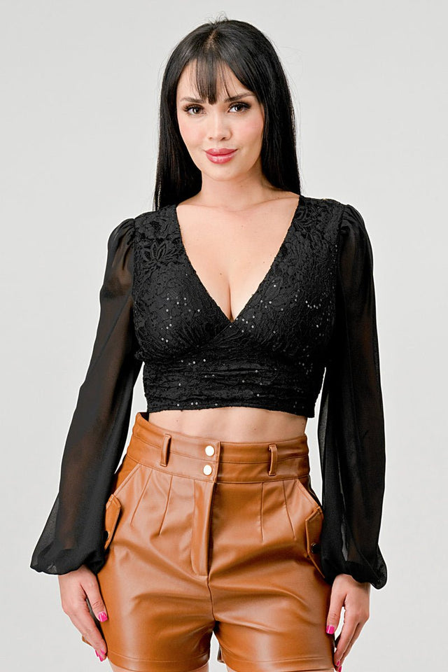 Luxe Lace Sequin Crop Top with Sheer Long Sleeves – Black or White - Wear with style
