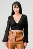 Luxe Lace Sequin Crop Top with Sheer Long Sleeves – Black or White - Wear with style