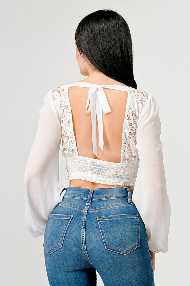 Luxe Lace Sequin Crop Top with Sheer Long Sleeves – Black or White - Wear with style