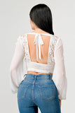 Luxe Lace Sequin Crop Top with Sheer Long Sleeves – Black or White - Wear with style