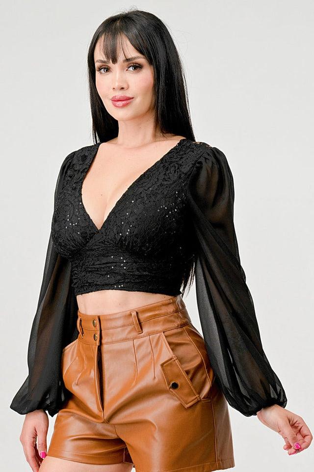 Luxe Lace Sequin Crop Top with Sheer Long Sleeves – Black or White - Wear with style