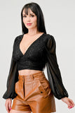 Luxe Lace Sequin Crop Top with Sheer Long Sleeves – Black or White - Wear with style
