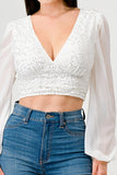Luxe Lace Sequin Crop Top with Sheer Long Sleeves – Black or White - Wear with style