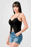 LUXE LACE TRIM SWEETHEART DRAWSTRING BOW ZIPPER CLOSURE BACK CAMI TOP - Wear with style