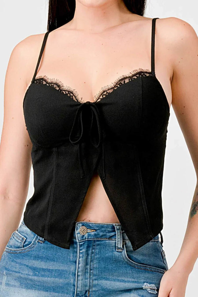 LUXE LACE TRIM SWEETHEART DRAWSTRING BOW ZIPPER CLOSURE BACK CAMI TOP - Wear with style