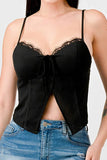 LUXE LACE TRIM SWEETHEART DRAWSTRING BOW ZIPPER CLOSURE BACK CAMI TOP - Wear with style