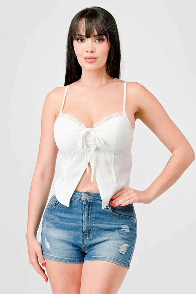 LUXE LACE TRIM SWEETHEART DRAWSTRING BOW ZIPPER CLOSURE BACK CAMI TOP - Wear with style