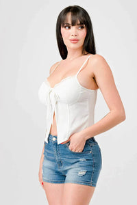 LUXE LACE TRIM SWEETHEART DRAWSTRING BOW ZIPPER CLOSURE BACK CAMI TOP - Wear with style