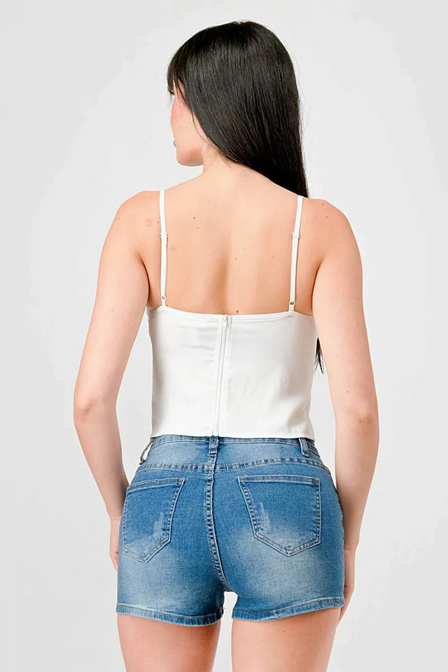 LUXE LACE TRIM SWEETHEART DRAWSTRING BOW ZIPPER CLOSURE BACK CAMI TOP - Wear with style