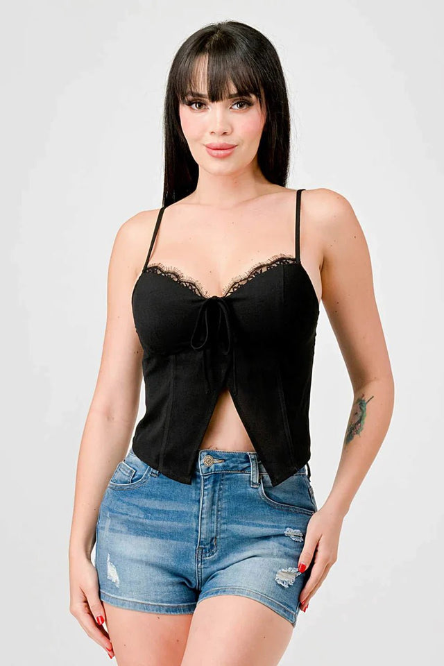 LUXE LACE TRIM SWEETHEART DRAWSTRING BOW ZIPPER CLOSURE BACK CAMI TOP - Wear with style