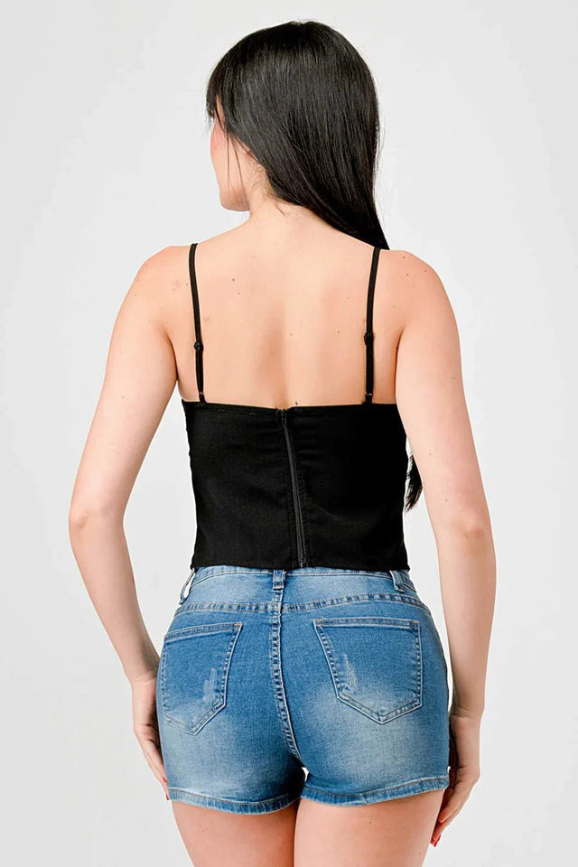 LUXE LACE TRIM SWEETHEART DRAWSTRING BOW ZIPPER CLOSURE BACK CAMI TOP - Wear with style