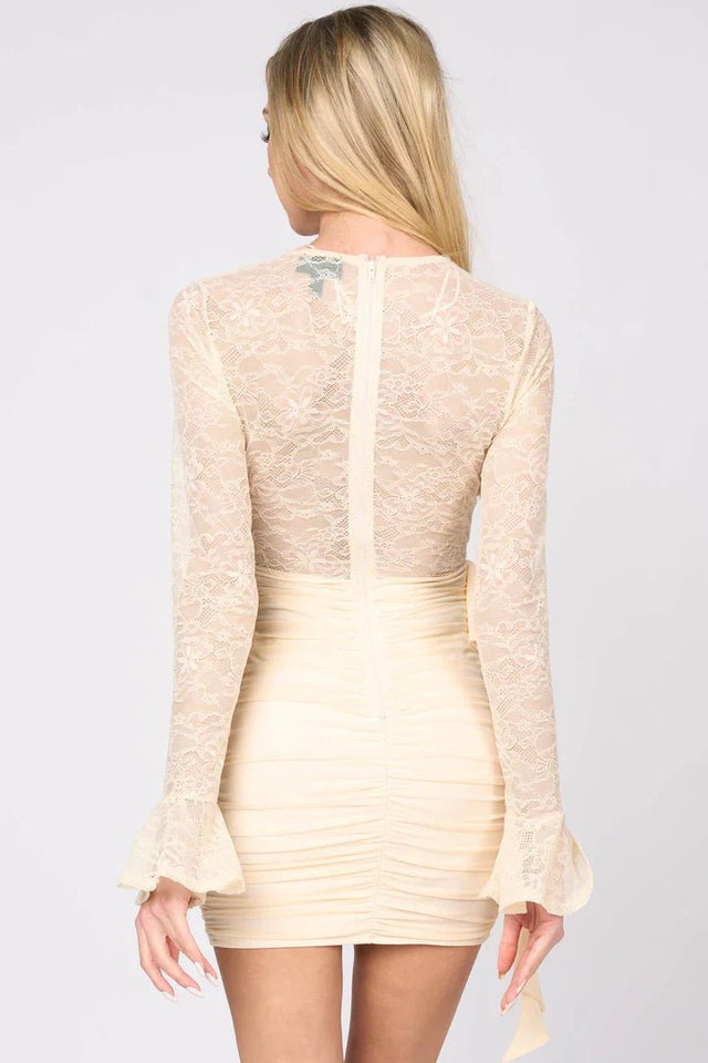 LUXE LACE V-NECK MESH SIDE DRAPED MINI DRESS - Wear with style