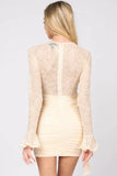 LUXE LACE V-NECK MESH SIDE DRAPED MINI DRESS - Wear with style
