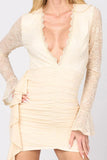 LUXE LACE V-NECK MESH SIDE DRAPED MINI DRESS - Wear with style