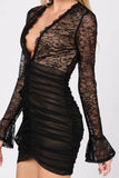 LUXE LACE V-NECK MESH SIDE DRAPED MINI DRESS - Wear with style