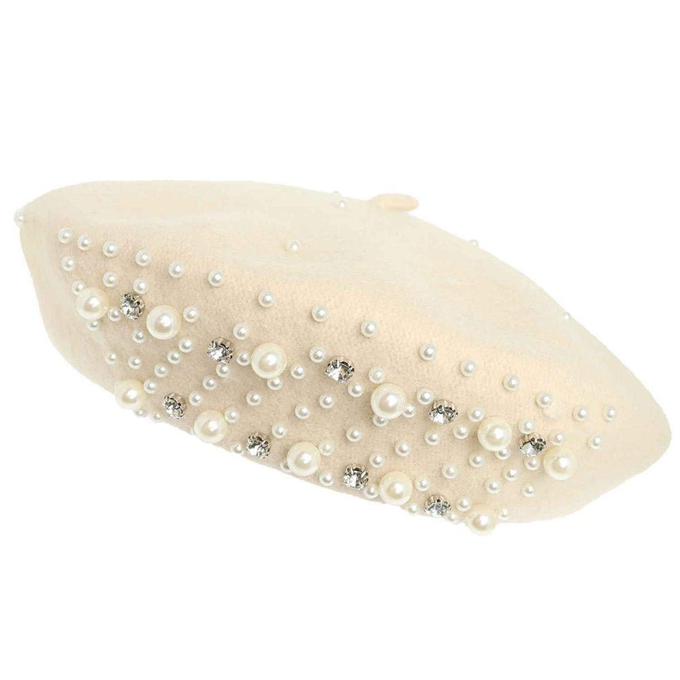 Luxe Pearl Stone Cluster Embellished 100 % Wool Beret - Wear with style
