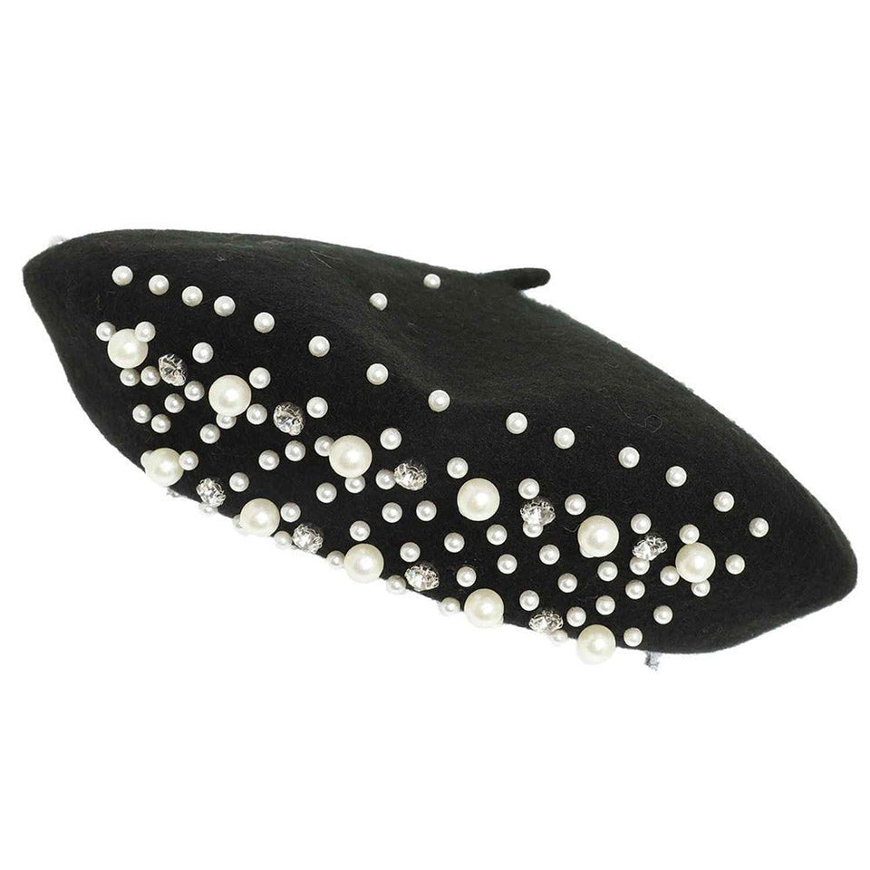 Luxe Pearl Stone Cluster Embellished 100 % Wool Beret - Wear with style