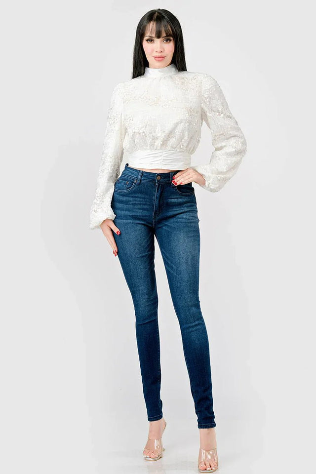 LUXE SEQUINS TEXTURE SATIN OPEN BACK TIE CROPPED TOP - Wear with style