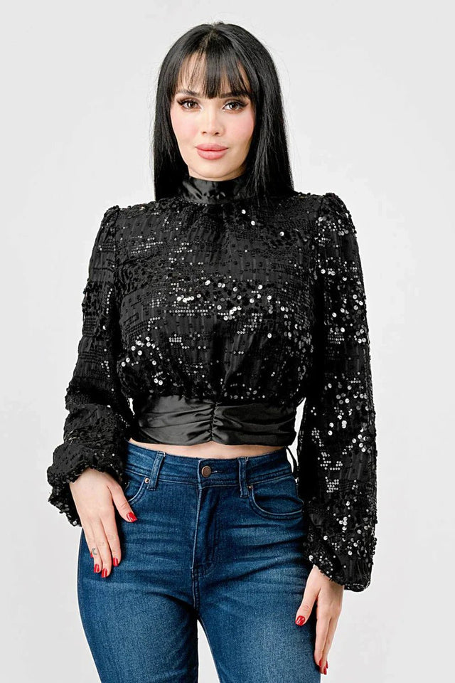 LUXE SEQUINS TEXTURE SATIN OPEN BACK TIE CROPPED TOP - Wear with style