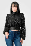 LUXE SEQUINS TEXTURE SATIN OPEN BACK TIE CROPPED TOP - Wear with style