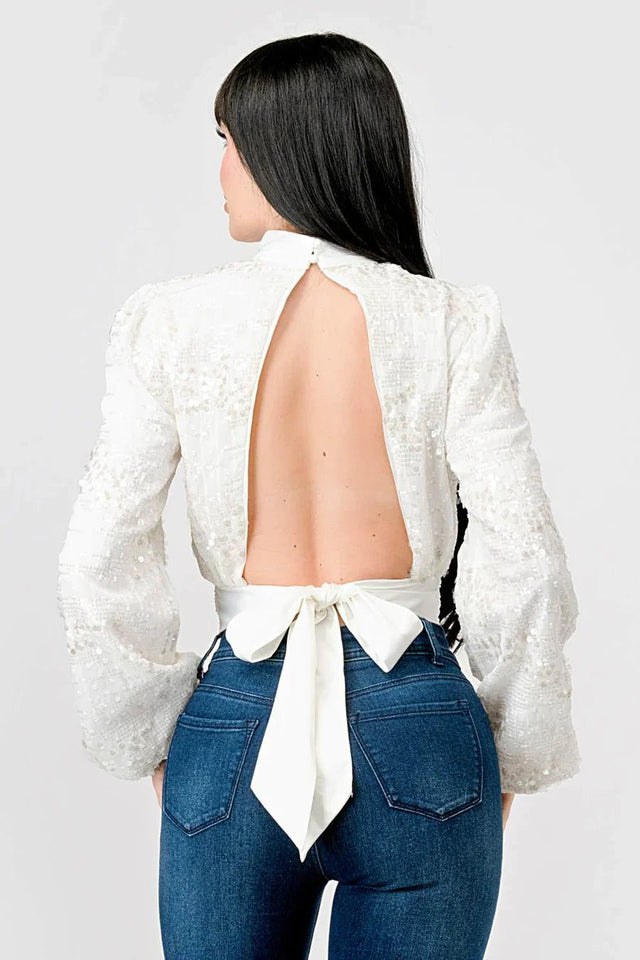 LUXE SEQUINS TEXTURE SATIN OPEN BACK TIE CROPPED TOP - Wear with style