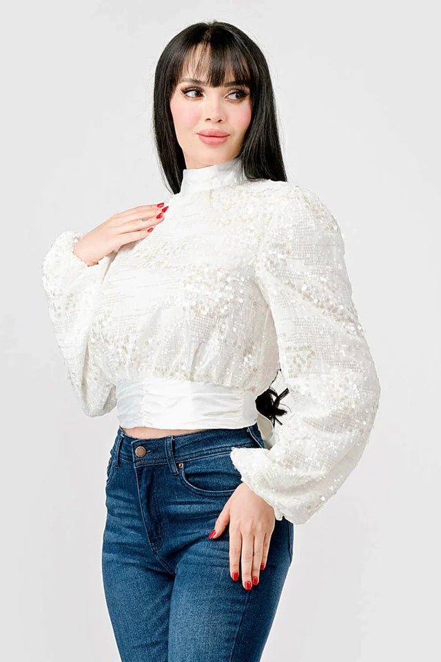 LUXE SEQUINS TEXTURE SATIN OPEN BACK TIE CROPPED TOP - Wear with style