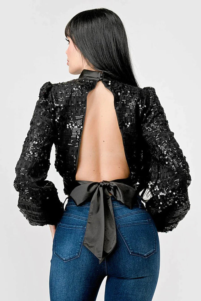 LUXE SEQUINS TEXTURE SATIN OPEN BACK TIE CROPPED TOP - Wear with style