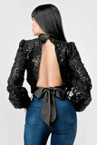 LUXE SEQUINS TEXTURE SATIN OPEN BACK TIE CROPPED TOP - Wear with style
