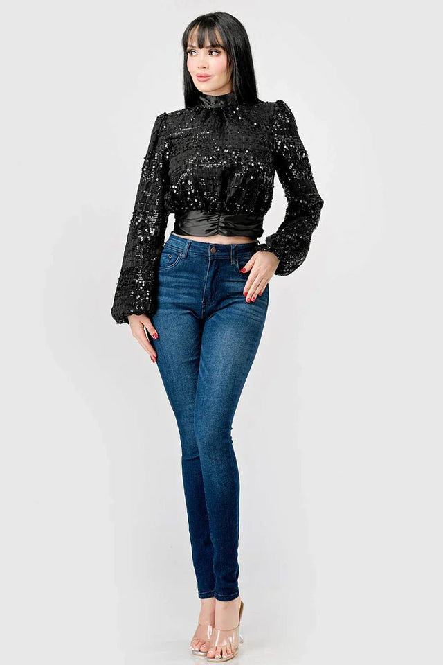 LUXE SEQUINS TEXTURE SATIN OPEN BACK TIE CROPPED TOP - Wear with style