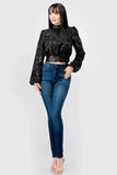 LUXE SEQUINS TEXTURE SATIN OPEN BACK TIE CROPPED TOP - Wear with style