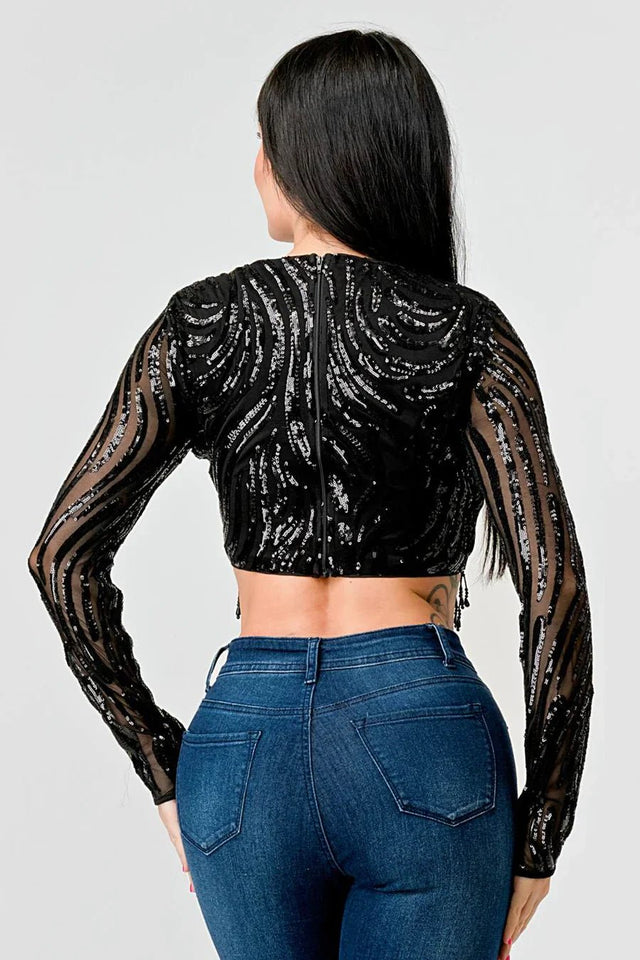 LUXE WAVE SEQUINS LONG SLEEVES STONE FRINGE DETAIL CROPPED TOP - Wear with style