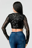 LUXE WAVE SEQUINS LONG SLEEVES STONE FRINGE DETAIL CROPPED TOP - Wear with style