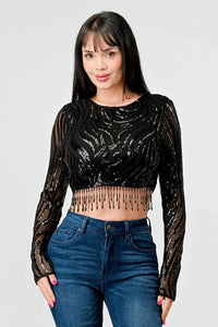 LUXE WAVE SEQUINS LONG SLEEVES STONE FRINGE DETAIL CROPPED TOP - Wear with style