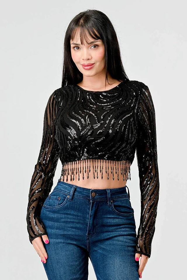 LUXE WAVE SEQUINS LONG SLEEVES STONE FRINGE DETAIL CROPPED TOP - Wear with style