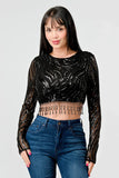 LUXE WAVE SEQUINS LONG SLEEVES STONE FRINGE DETAIL CROPPED TOP - Wear with style