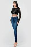 LUXE WAVE SEQUINS LONG SLEEVES STONE FRINGE DETAIL CROPPED TOP - Wear with style