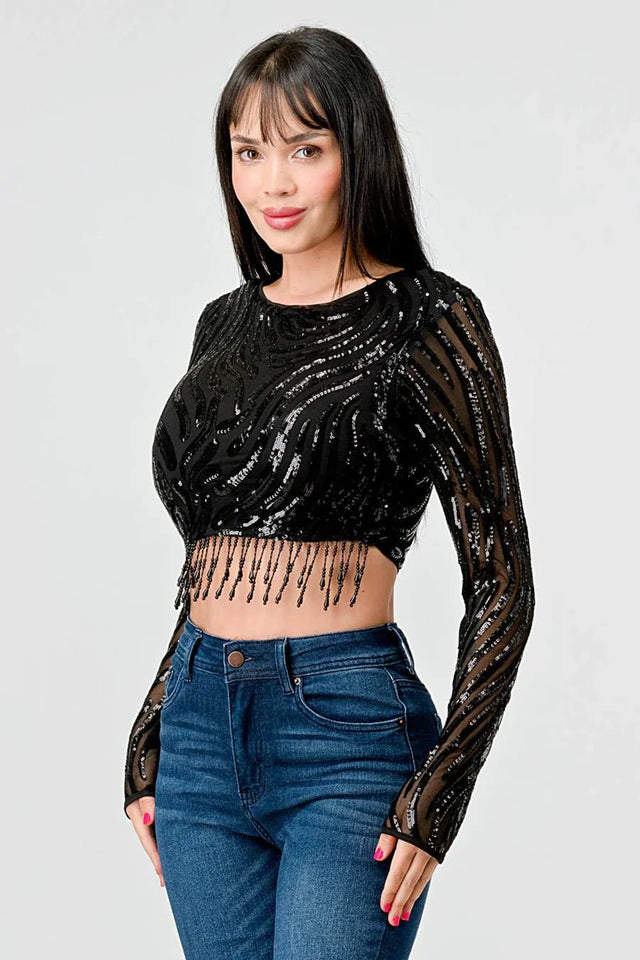 LUXE WAVE SEQUINS LONG SLEEVES STONE FRINGE DETAIL CROPPED TOP - Wear with style